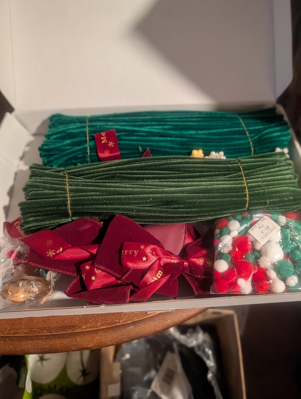 Christmas Pipe Cleaners Pom Poms Red Ribbon Craft Kit